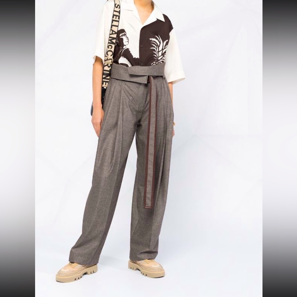 Stella McCartney 100% Lana Wool Leather Gray Harley Trousers Pants High Waisted